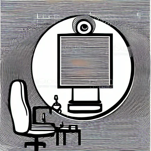 Image similar to worried humanoid fish sitting in front of a computer, black and white vector art