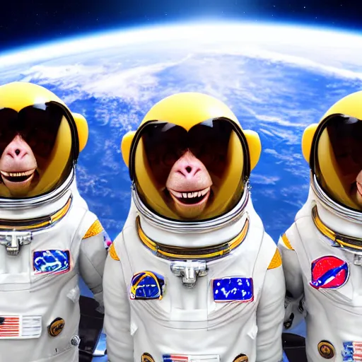 Image similar to astronaut monkeys laughing throwing bananas on each other, realistic, dramatic light, octane render, trending on artstation, cinematic, hyper realism, high detail, 8k