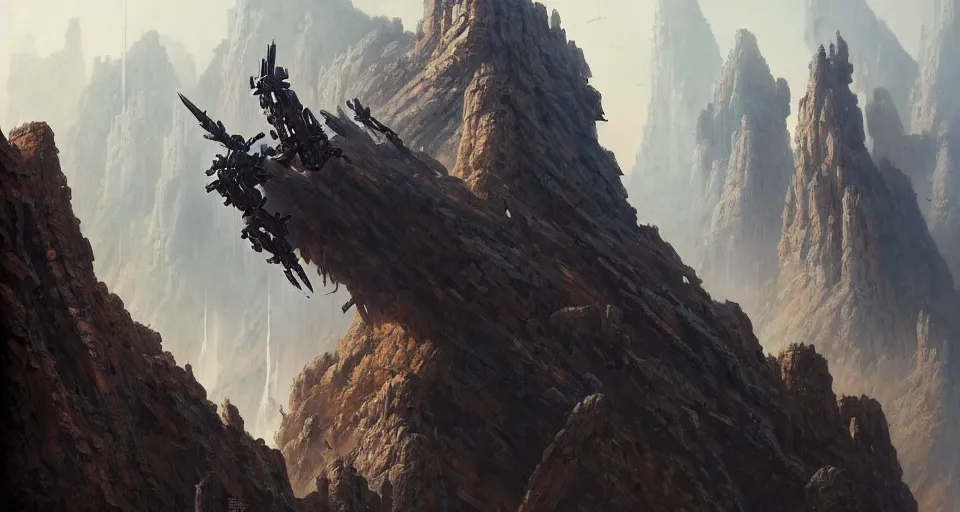 Image similar to hyper realistic sci - fi matte concept art painting of mecha on a cliff overlooking a raging battle, beautiful details, strong composition painted by kim jung guweta studio rutkowski, james gurney and greg rutkowski, and lucasfilm, smooth, intricate, detailed, sharp focus, cinematic