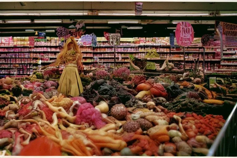 Prompt: 35mm color lomography, last photo, portrait, fashion shoot, weird, random, strange, spooky, hyperdetailed, photorealistic, high fashion, interesting, supermarket, david cronenberg