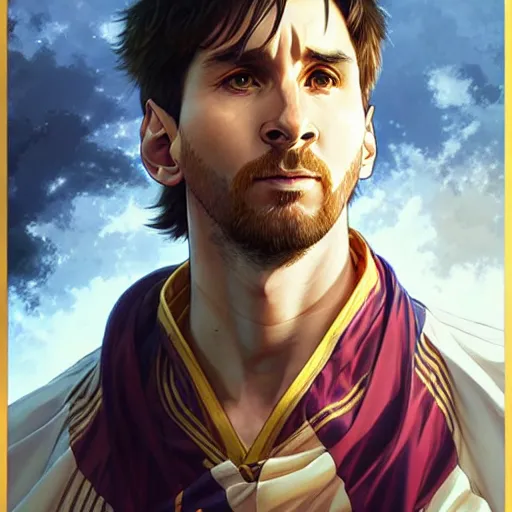 Image similar to lionel messi as an anime character, d & d, fantasy, intricate, elegant, highly detailed, digital painting, artstation, concept art, matte, sharp focus, illustration, art by artgerm and greg rutkowski and alphonse mucha