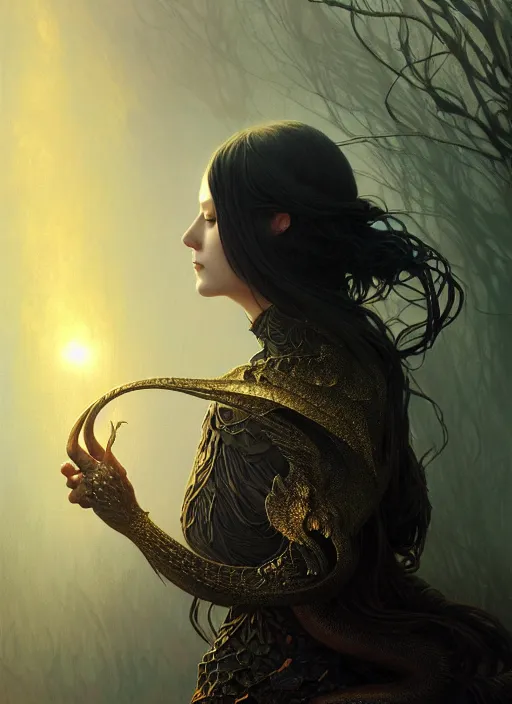 Image similar to Random House book cover, award winning, dark crow, fantasy forest landscape, dragon scales, fantasy magic, dark golden light night, intricate, elegant, sharp focus, illustration, highly detailed, digital painting, concept art, matte, art by WLOP and Artgerm and Greg Rutkowski and Alphonse Mucha, masterpiece