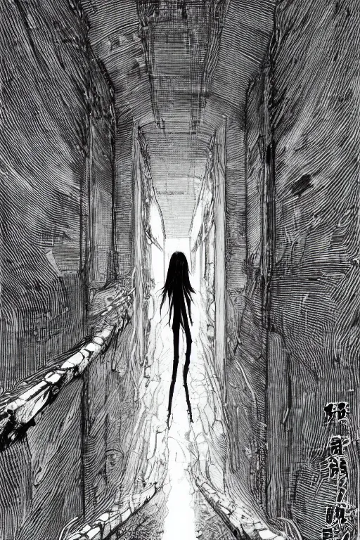 Image similar to beautiful coherent award-winning manga cover art of a mysterious lonely anime woman traversing an endless concrete hallway, by tsutomu nihei