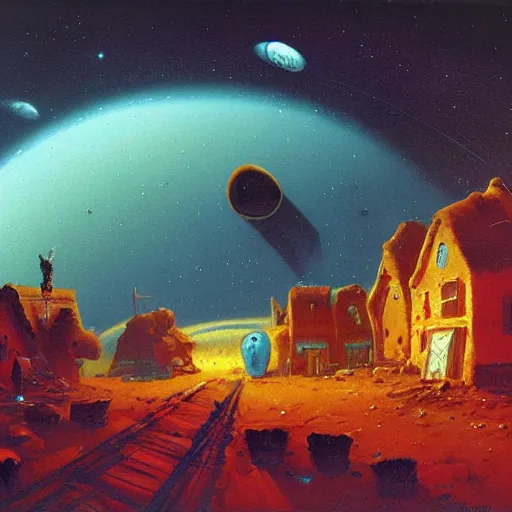 Image similar to a village on saturn by paul lehr,