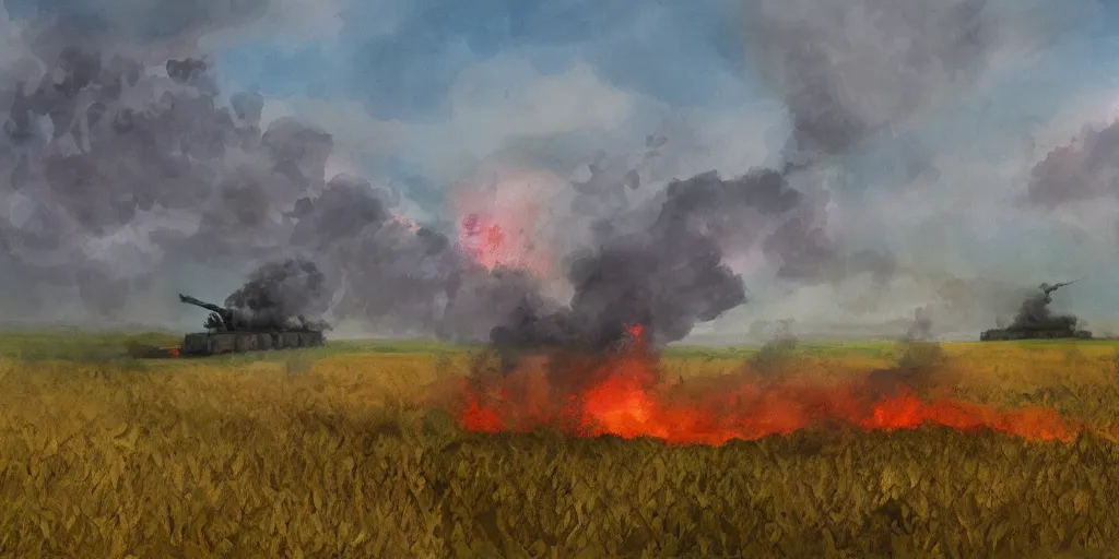 Image similar to an eastern front battlefield landscape, summertime, shell craters, single burning tank, digital oil painting