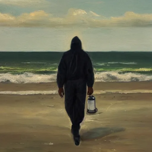 Image similar to a man in a hazmat walking on an abandoned beach, oil painting