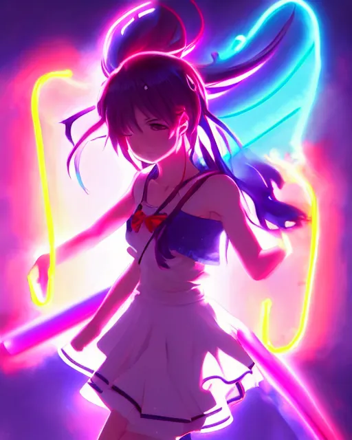 Prompt: anime style, vivid, expressive, full body, 4 k, painting, a cute magical girl idol with a long wavy hair wearing a dress fighting monsters, correct proportions, stunning, realistic light and shadow effects, neon lights, studio ghibly makoto shinkai yuji yamaguchi