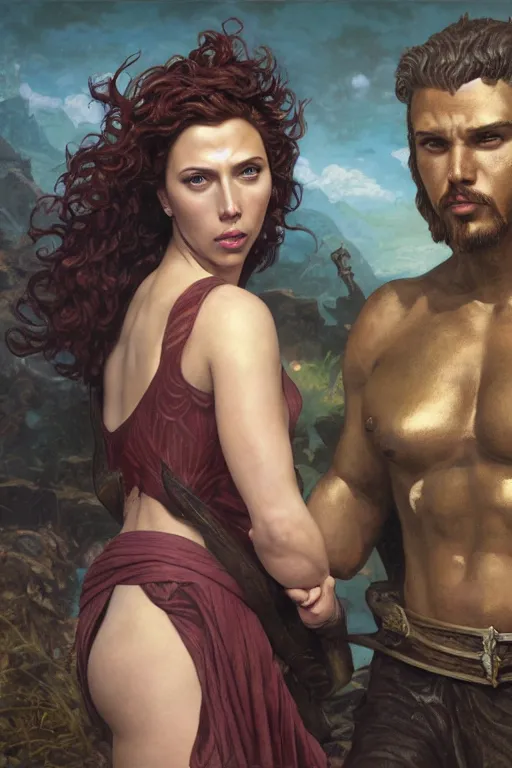 Image similar to A fantasy comic book style Oil Painting portrait of Scarlett Johansson and Gal Gadot, as Atlantean Reptilian Warriors, Mystical Valkyrie, unreal 5, DAZ, hyperrealistic, octane render, Regal, Refined, Detailed Digital Art, RPG portrait, William-Adolphe Bouguereau, Michael Cheval, Walt Disney (1937), François Boucher, Steampunk, Josephine wall, dynamic lighting, Highly Detailed, Cinematic Lighting, Unreal Engine, 8k, HD