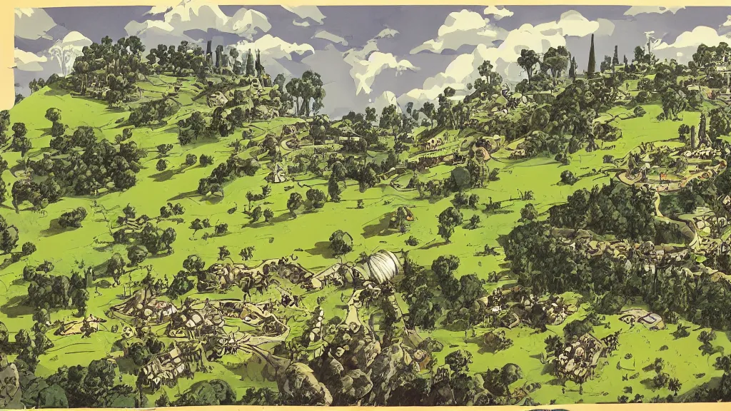 Image similar to a genndy tartakovsky illustration of the shire from lord of the rings