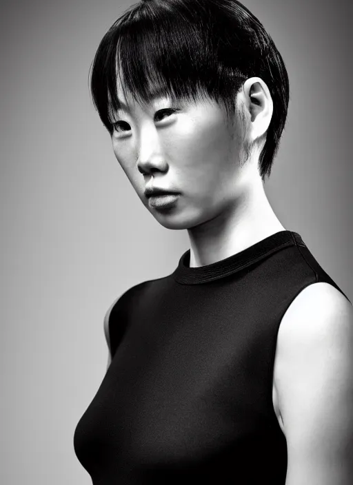 Image similar to Close upper body shot. Artistically angled subject. Professional studio portrait lighting. wearable designed by Ikeuchi Hiroto.