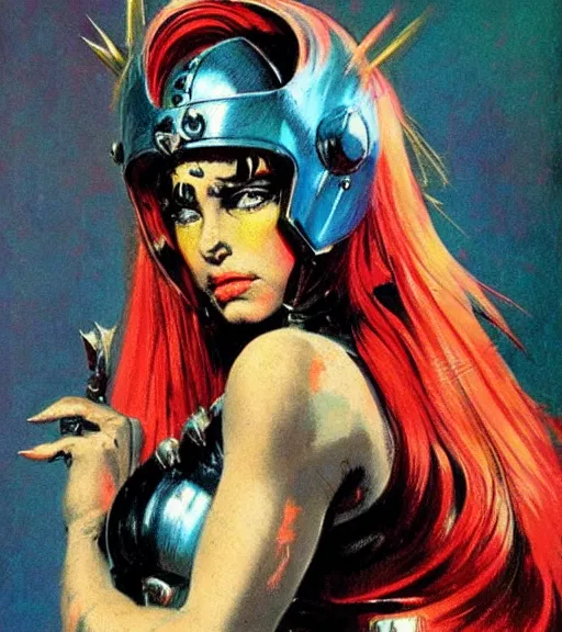 Image similar to portrait of strong female chaos angel, beautiful! coherent! by frank frazetta, by brom, strong line, vivid neon color, spiked metal armor, iron helmet maximalist