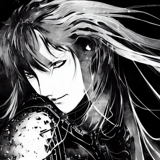 Prompt: yoji shinkawa blurred and dreamy illustration of an anime girl with wavy white hair and cracks on her face wearing elden ring armour with the cape fluttering in the wind, abstract black and white patterns on the background, noisy film grain effect, highly detailed, renaissance oil painting, weird portrait angle