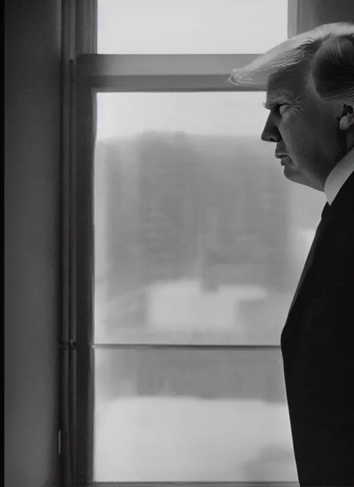 Image similar to screenshot from moody scene of Donald Trump looking out window, in High and Low, 1963 film directed by Akira Kurosawa, kodak film stock, black and white, anamorphic lens, 4K, detailed, stunning cinematography and composition shot by Takao Saito, 70mm