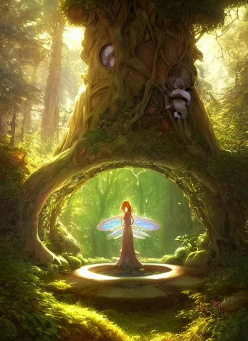 Image similar to Fantasy Magical fairy-tale portal in the forest. Round stone portal teleport in trees to other worlds. Fantastic landscape. Magic Altar in the fores, highly detailed, digital painting, artstation, concept art, smooth, sharp focus, illustration, art by artgerm and greg rutkowski and alphonse mucha