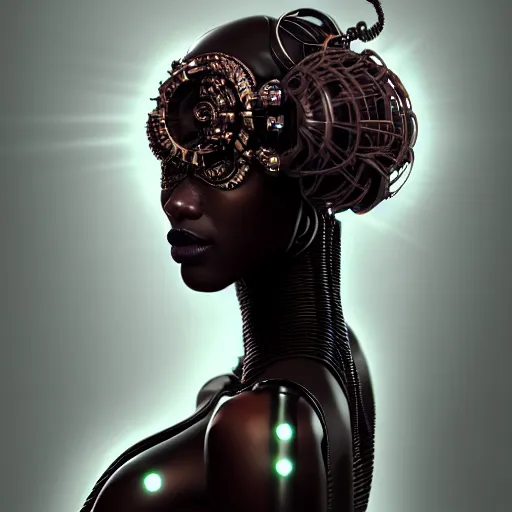 Prompt: portrait of an absurdly beautiful, graceful, sophisticated, fashionable black cyberpunk mechanoid gravure idol, hyperdetailed illustration by irakli nadar, matt wisniewski style, intricate linework, dark black porcelain skin, jellyfish headdress, brown eyes, unreal engine 5 highly rendered, red light, detailed and intricate environment