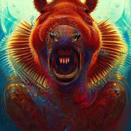 Prompt: hyper detailed ultra sharp, trending on artstation, vibrant aesthetic, bloodwave, colorful, psychedelic, ornate, intricate, digital painting, concept art, smooth, sharp focus, illustration, totally jacked anthropomorphic capybara, art by artgerm and greg rutkowski and h. r. giger, 8 k