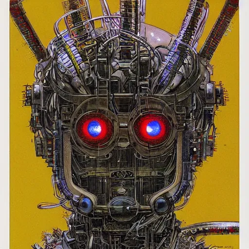 Image similar to simple concept art portrait of an intricately designed defense robot. an award winning yoshitaka amano poster. a masterpiece by james gurney. deep color.