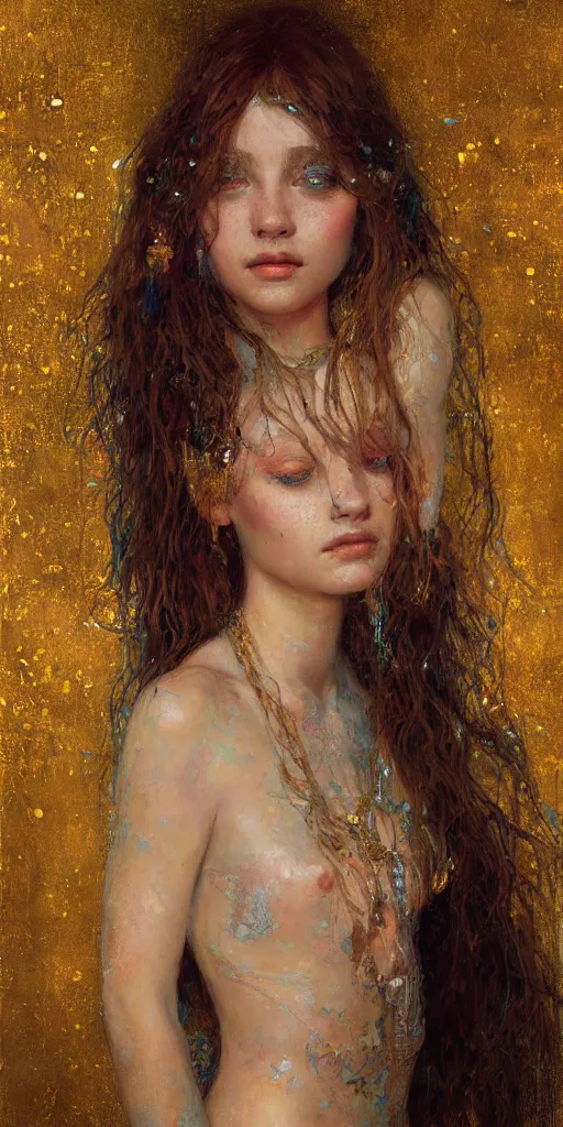 Prompt: an intricate portrait painting of an artistic pose young beautiful mermaid, klimt golden motives and textures, hyper - detailed, octane render, vivid colors, artstation, by jeremy mann, by gustav klimt