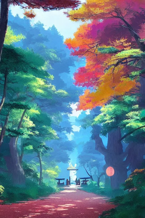 Image similar to Japanese Torii in a colorful moutain with COLORFUL trees ,morning , by studio ghibli painting, superior quality, masterpiece, by Grzegorz Rutkowski, concept art