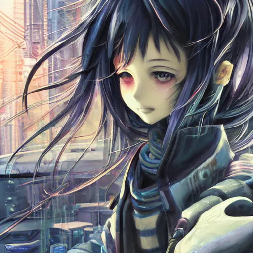 Image similar to dynamic composition, motion, ultra-detailed, incredibly detailed, a lot of details, amazing fine details and brush strokes, colorful and grayish palette, smooth, HD semirealistic anime CG concept art digital painting, watercolor oil painting of Clean and detailed post-cyberpunk sci-fi close-up schoolgirl in asian city in style of cytus and deemo, blue flame, relaxing, calm and mysterious vibes,, by a Chinese artist at ArtStation, by Huang Guangjian, Fenghua Zhong, Ruan Jia, Xin Jin and Wei Chang. Realistic artwork of a Chinese videogame, gradients, gentle an harmonic grayish colors. set in half-life 2, Matrix, GITS, Blade Runner, Neotokyo Source, Syndicate(2012), dynamic composition, beautiful with eerie vibes, very inspirational, very stylish, with gradients, surrealistic, dystopia, postapocalyptic vibes, depth of field, mist, rich cinematic atmosphere, perfect digital art, mystical journey in strange world