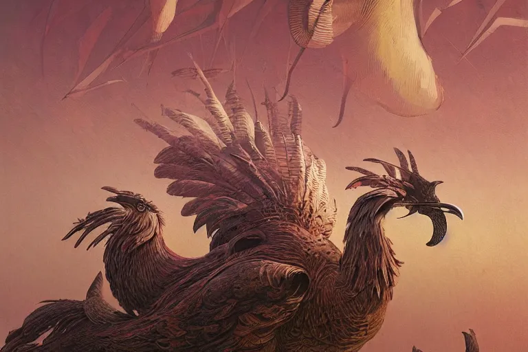 Prompt: digital painting of an ominous mechanical rooster with huge beak and talons, by wayne barlowe and bob pepper, highly detailed, intricate, sharp focus, portrait, talons, anatomy, studio ghibli color scheme, dieselpunk, retrofuturism