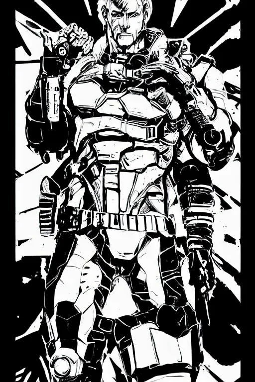 Image similar to senator amstrong from metal gear rising, doing a heroic pose, a page from cyberpunk 2 0 2 0, style of paolo parente, style of mike jackson, adam smasher, johnny silverhand, 1 9 9 0 s comic book style, white background, ink drawing, black and white