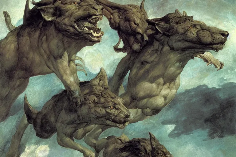 Prompt: hyperdetailed matte art of cerberus by william blake, ilya repin, amano, rene magritte, craig mullins