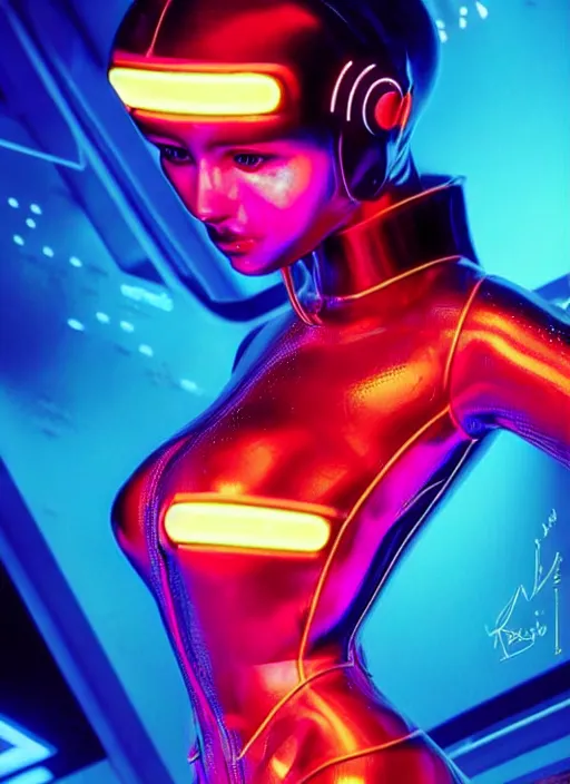 Image similar to a highly detailed long shot photo of sensual female humanoid with freckles cheeks, futurism, cyber neon lighting, detailed futuristic jewelry, futuristic glossy latex suit, profile posing, hyper photorealistic, crispy quality, digital photography, trending in pinterest, cinematic, 4 k ultra hd, art by pascal blanche, art by greg rutkowski, art by artgerm,