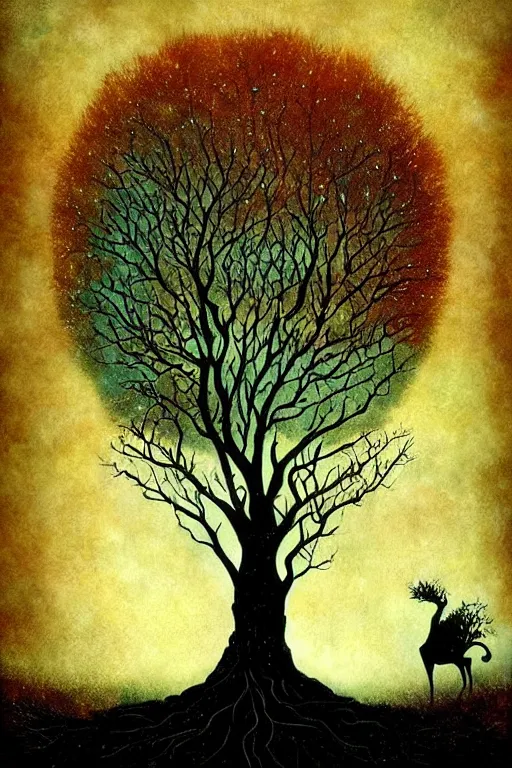 Prompt: surreal, fantasy, fairytale animals, apple tree, haunted woods in silhouettes, by andy kehoe