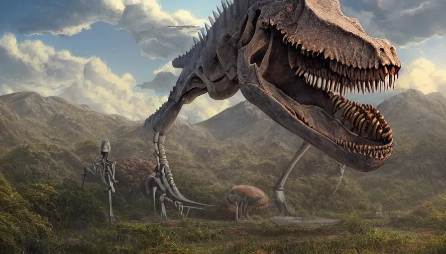 Prompt: A highly detailed matte painting of the huge dinosaur skeleton fossil, by Studio Ghibli, Makoto Shinkai, by Artgerm, by beeple, by Greg Rutkowski, volumetric lighting, octane render, 4K resolution, trending on artstation, masterpiece