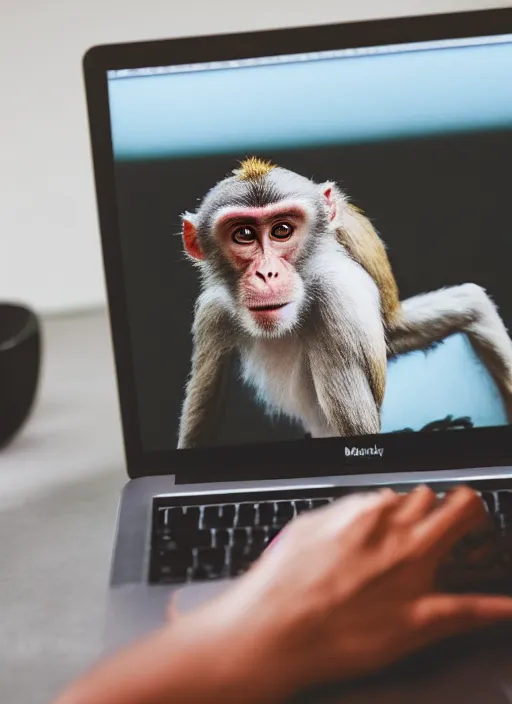 Prompt: A realistic photo of a monkey using a macbook, cinematic, detailed