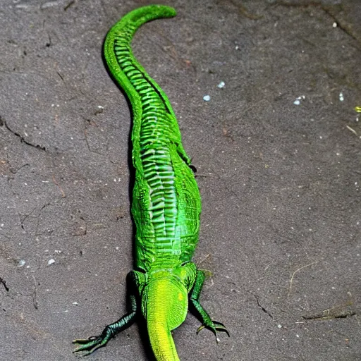 Prompt: the reptile's tail ripped from its back