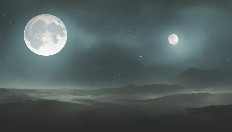 Image similar to a beautiful landscape at dusk, big moon and stars in the sky, matte painting, dark blue tones, concept art, 4k