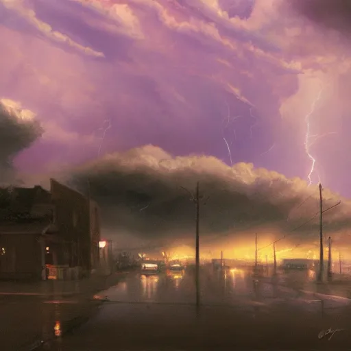 Image similar to a beautiful thunderstorm rolling over a small town, with the clouds illuminated slightly purple, ominous, eerie, craig mullins