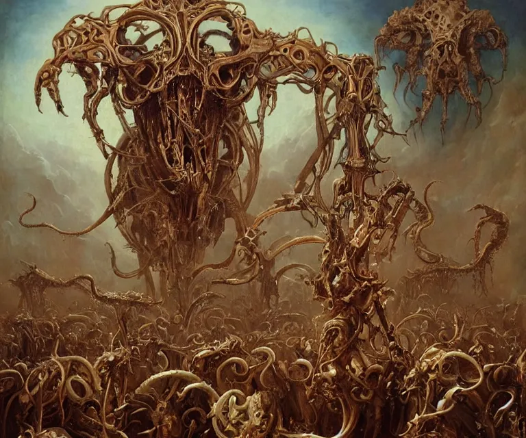 Image similar to elegant renaissance painting of biomechanical warhammer final boss bodybuilder vecna battle, art by bruce pennington and peter mohrbacher, epic biblical depiction, flesh and bones, fangs, teths and tentacles, corpses and shadows!