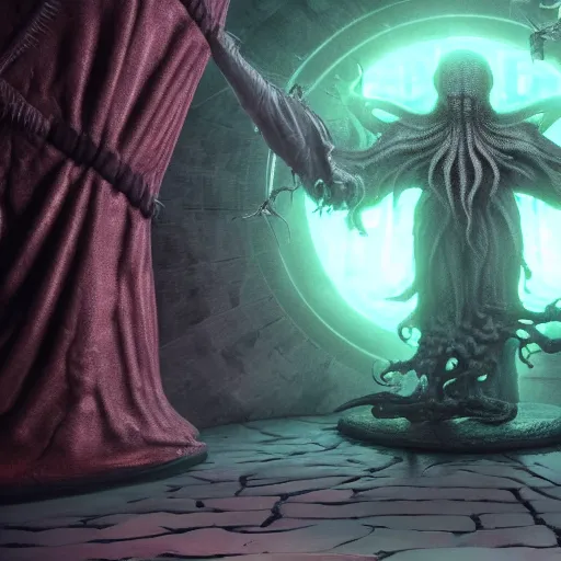 Prompt: cinematic shot of hooded necromancer in front of a cthulhu within a viscosity fluid lovecraft portal