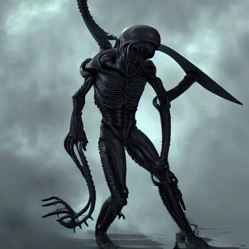 Prompt: Xenomorph holding a fire sword, 8K, realistic digital art