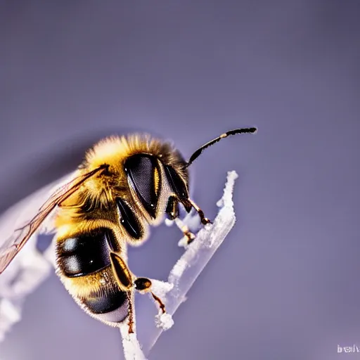 Prompt: a bee trying to reach a huge snowflake, beautiful macro photography, ambient light
