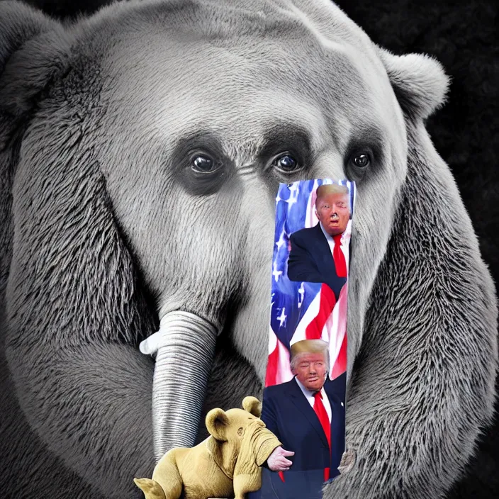 Prompt: progessional photography. donald trump in a bear suit on the side of a giant elephant