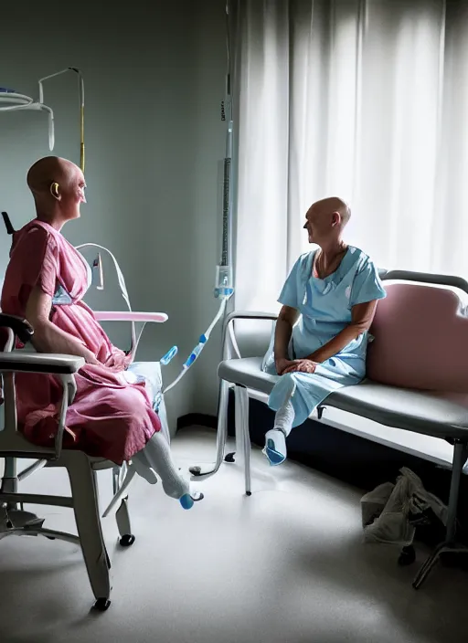 Image similar to an award winning hopeful photo of a bald 4 5 year old woman hospital patient sitting in a hospital room, wearing a hospital gown, with an iv drip, hopeful, smiles at a girl sitting on a guest chair. marketing photo by charlie waite, max rive, caroline foster.