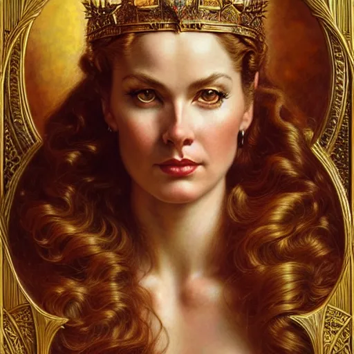 Image similar to highly detailed portrait of a majestic lioness queen in the form of a beautiful woman. d & d. art by donato giancola, gil elvgren, evelyn de morgan, bastien lecouffe - deharme. trending on artstation, intricate details, energetic composition, golden ratio, concept art, illustration, elegant art, global illuminaition