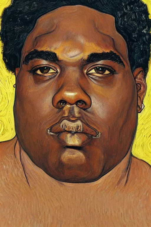 Image similar to a portrait of notorious b. i. g. in style of egon schiele, gustav klimt and vincent van gogh, masterpiece, hyperdetailed, complex, intricate, 4 k, trending on artstation