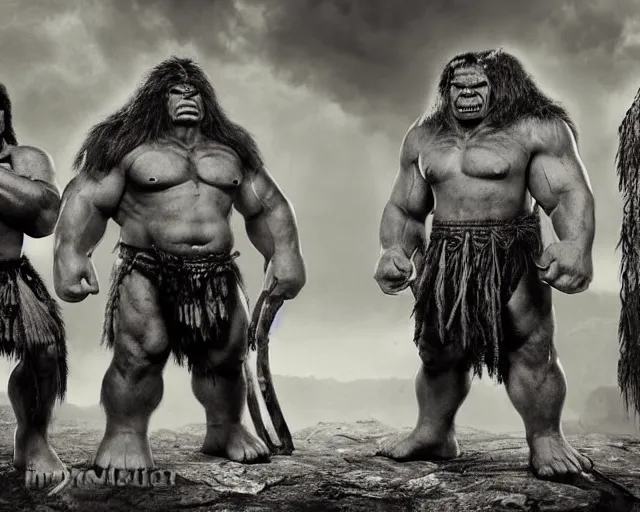 Image similar to hyper realistic group vintage photograph of a live action warcraft orc warrior tribe in the jungle, tall, hulk like physique, detailed faces, tribal paint, tribal armor, grain, old, monochrome, sepia toned, realistic lighting, wide angle