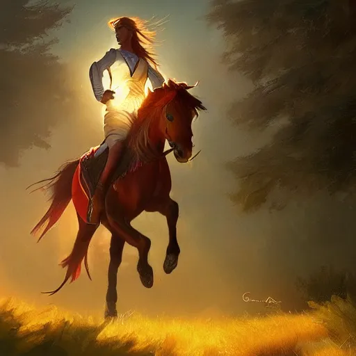 Prompt: painting of backlit queen riding fast on horse, forest light, greg rutkowski, heavenly bright light, artstation