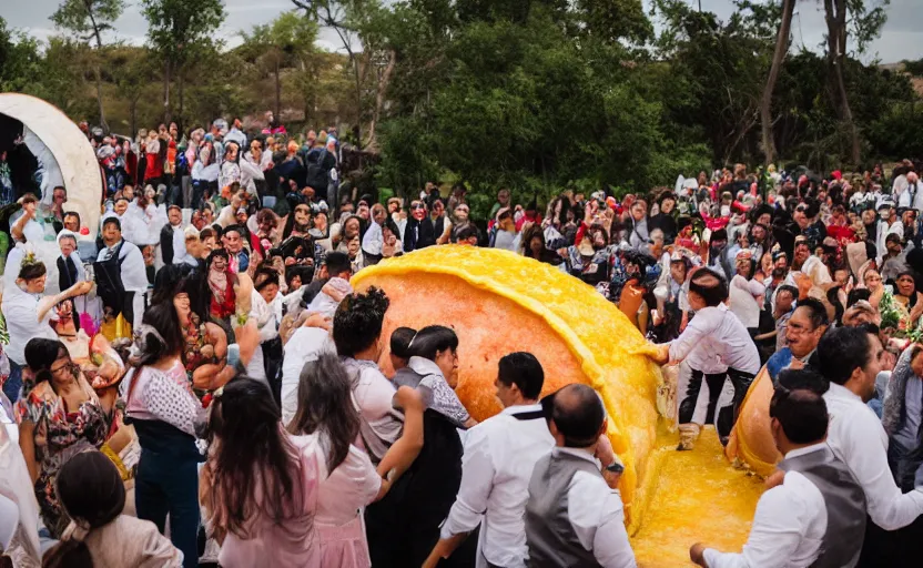 Prompt: a crowd of mexicans dancing around a giant Taco in a wedding,