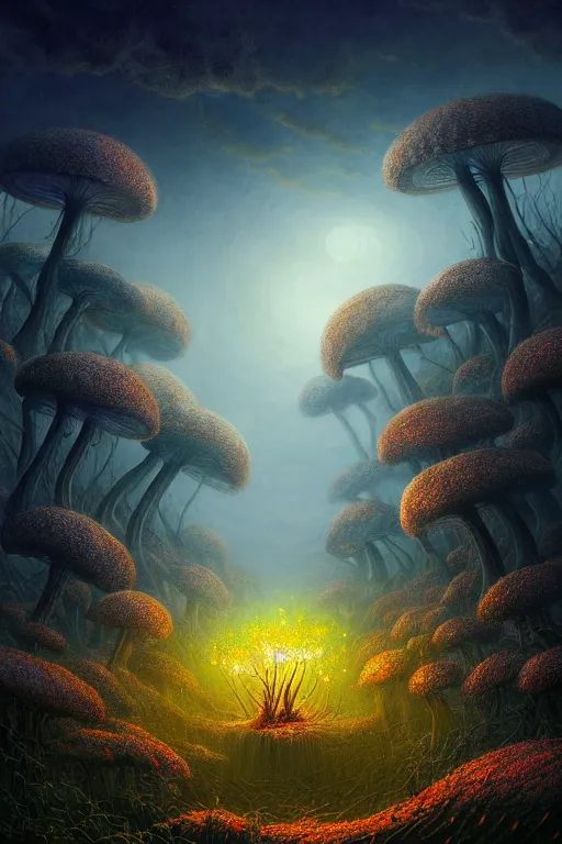 Prompt: a beautiful digital illustration painting of a detailed foreboding skies fantasy fireflies and roots, dark mushroom, flowers by benoit b. mandelbrot, steven belledin, martin johnson heade, lee madgwick, caspar david friedrich, and david rios ferreira. 8 k resolution trending on artstation concept art digital illustration