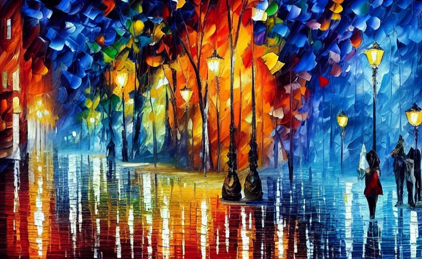 Image similar to walking downtown at night by leonid afremov, oil painting on canvas, intricate details!!!, fine brush!!!!!!