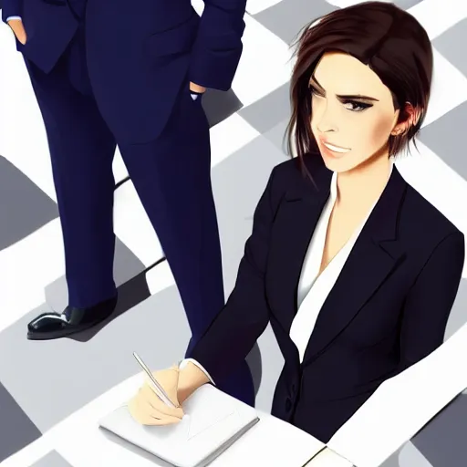 Image similar to woman in black business suit, chill, light brown neat hair, pixiv, fanbox, trending on artstation, portrait, digital art, modern, sleek, highly detailed, formal, serious, determined, blue tie, lawyer, colorized, smooth, charming, pretty, briefcase, safe for work