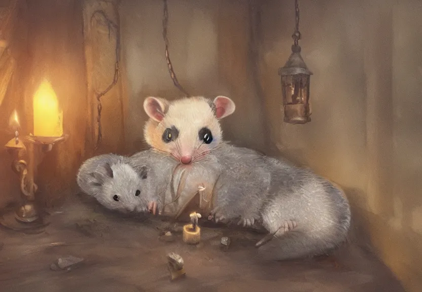 Image similar to cute possum in its pajamas sleeping in a bed in a medieval cluttered cottage at night under the dim light of a candle, dark fantasy, dreaming illusion, trending on artstation