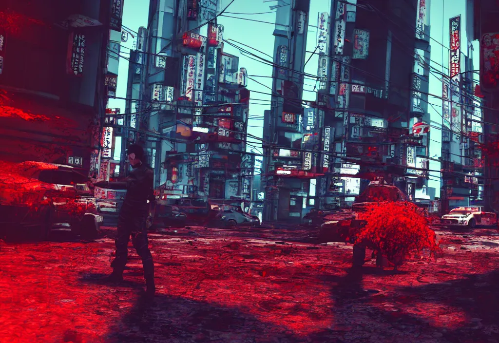 Image similar to tokyo city streets in blood, by cyberpunk style, max payne standing in blood, trending on artstation, cinematic, realistic buildings windows cars, realistic peoples, extreamly detailed, golden ratio, awesome greate composition, color balance harmony, physical correct light shadows, awesome exposition, like in real life, octane render 8 k, art by cd projekt red